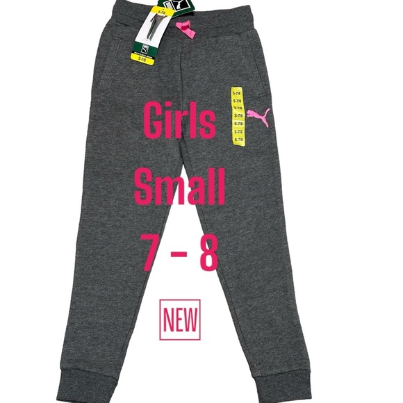 Girls Youth Puma Kids Small 7 - 8 Joggers Pants Sweats Gray Pink Pockets NWT - Picture 2 of 7